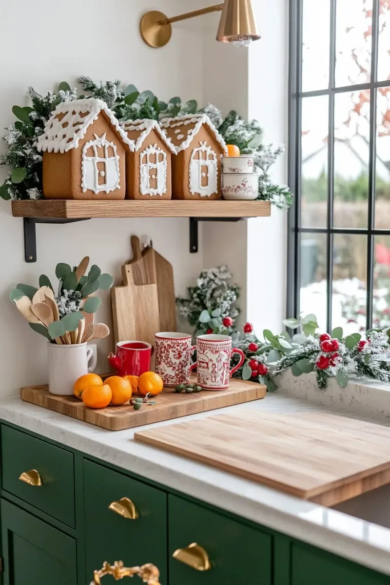 festive kitchen shelf with gingerbread houses, mugs, and eucalyptus 1