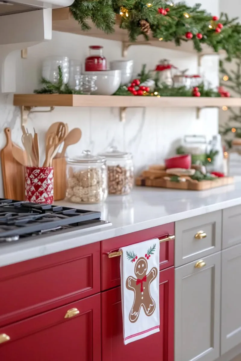 festive kitchen tea towel with cricut iron-on gingerbread man 1
