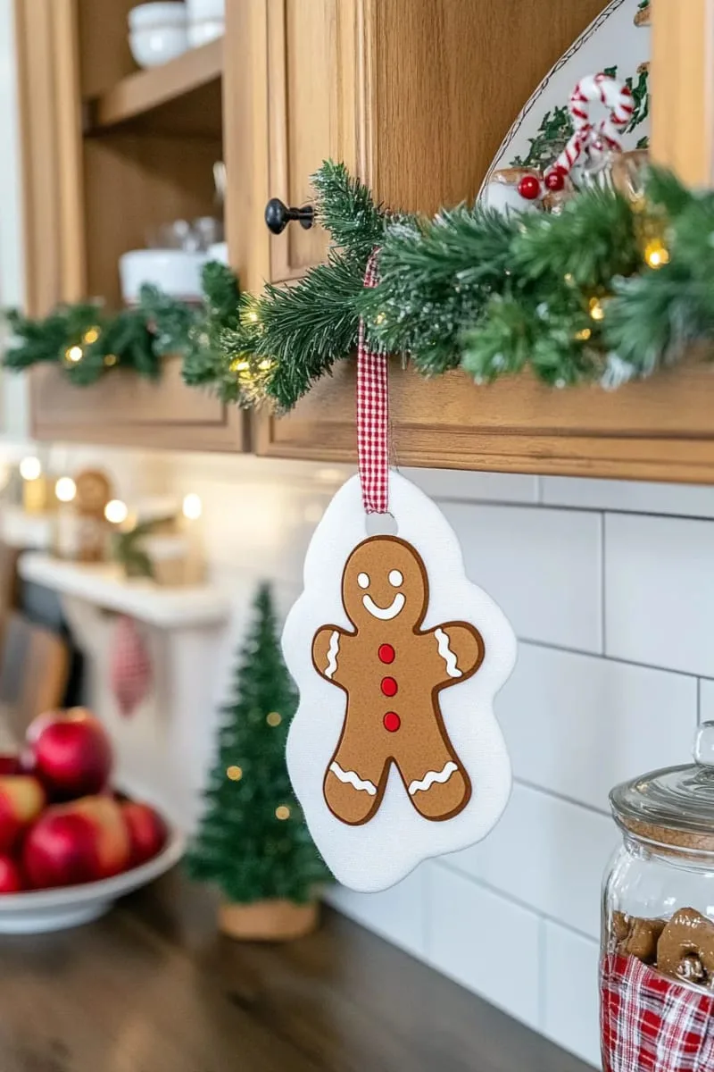 festive kitchen tea towel with cricut iron-on gingerbread man 1