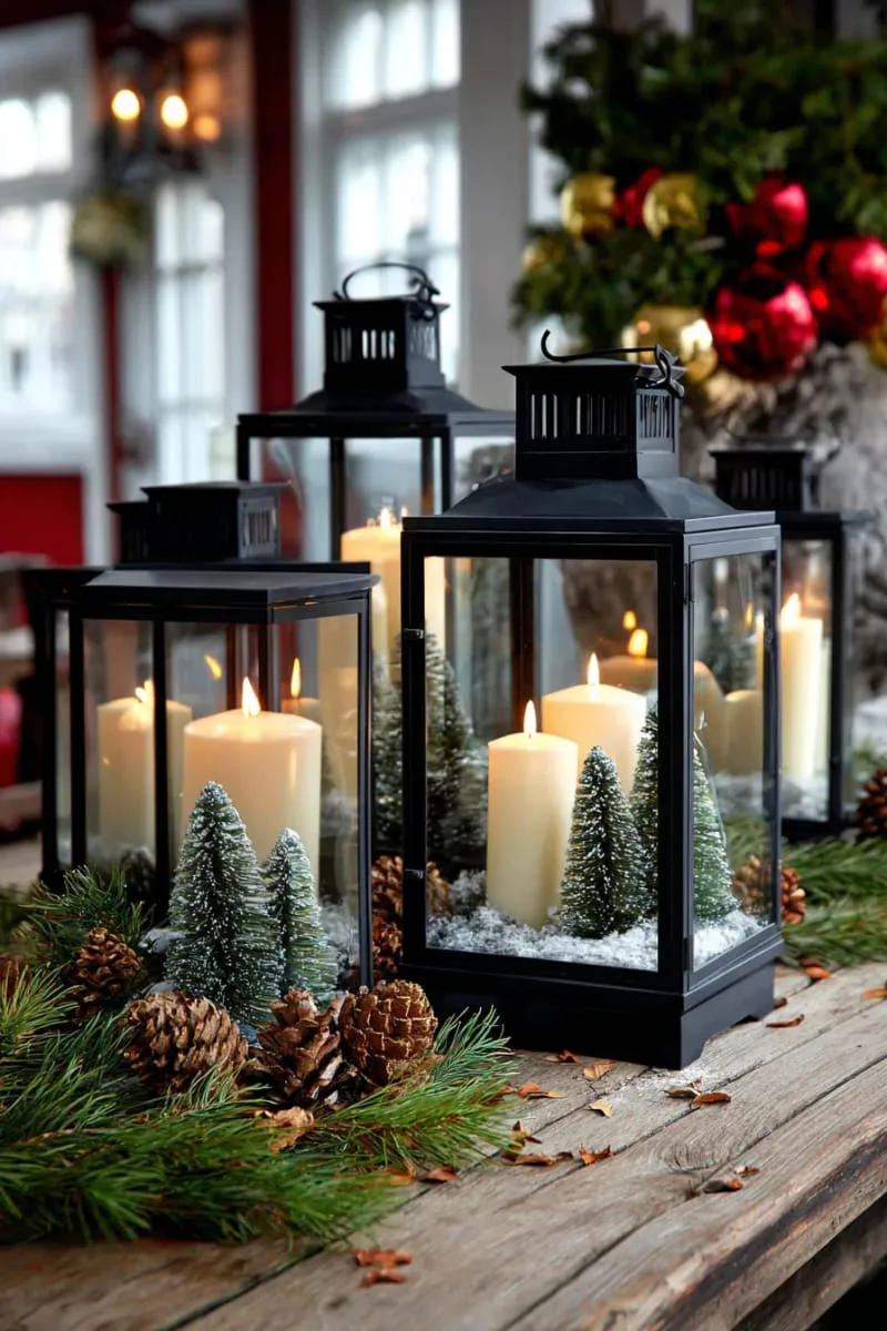 29 Best Christmas Decorations Trends You Can't Miss This Year 48 festive lanterns filled with candles and miniature pine trees 1