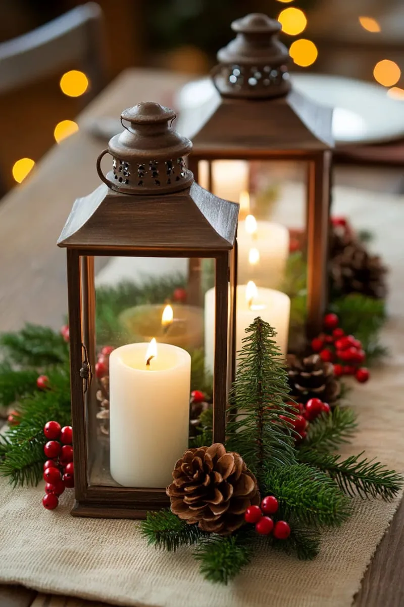 29 Best Christmas Decorations Trends You Can't Miss This Year 49 festive lanterns filled with candles and miniature pine trees 1