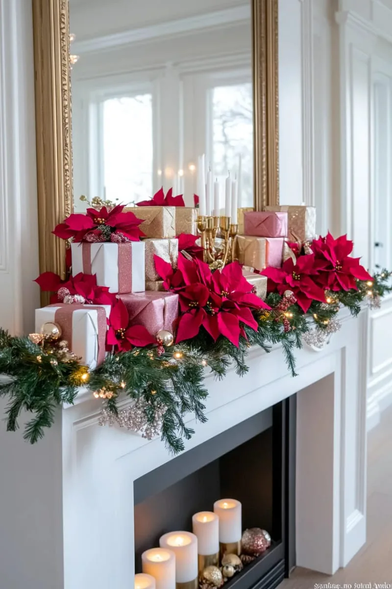 festive mantel with cascading poinsettias and mini wrapped gifts 1