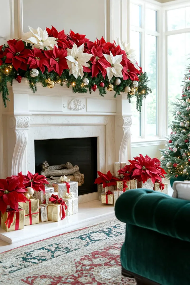 festive mantel with cascading poinsettias and mini wrapped gifts 1