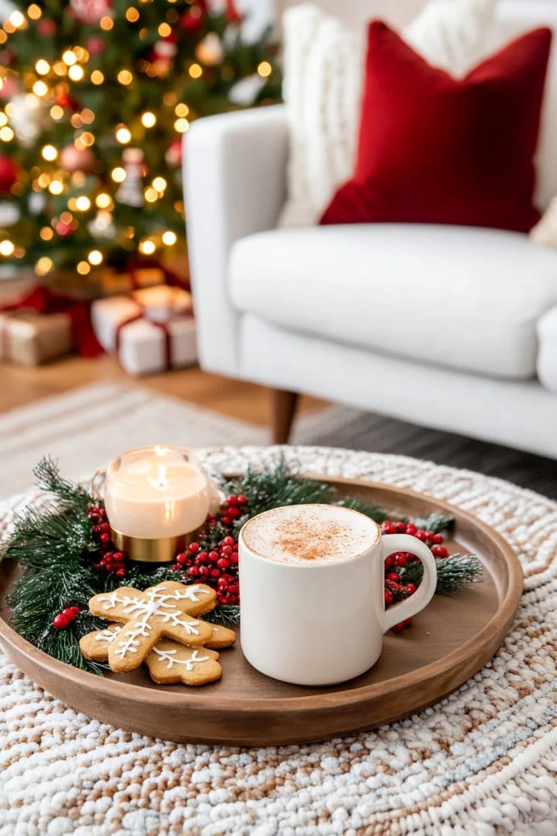 festive mugs of eggnog beside a plate of gingerbread and string lights 1