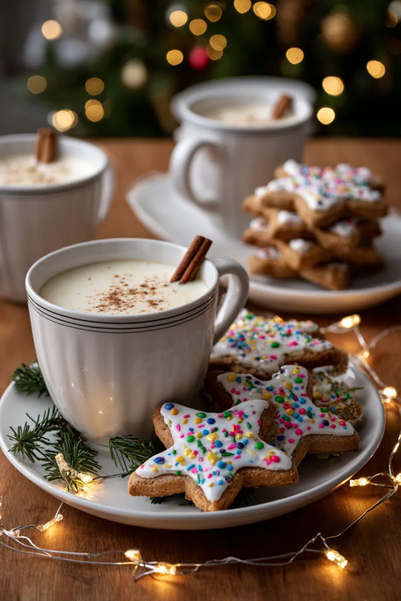 festive mugs of eggnog beside a plate of gingerbread and string lights 1
