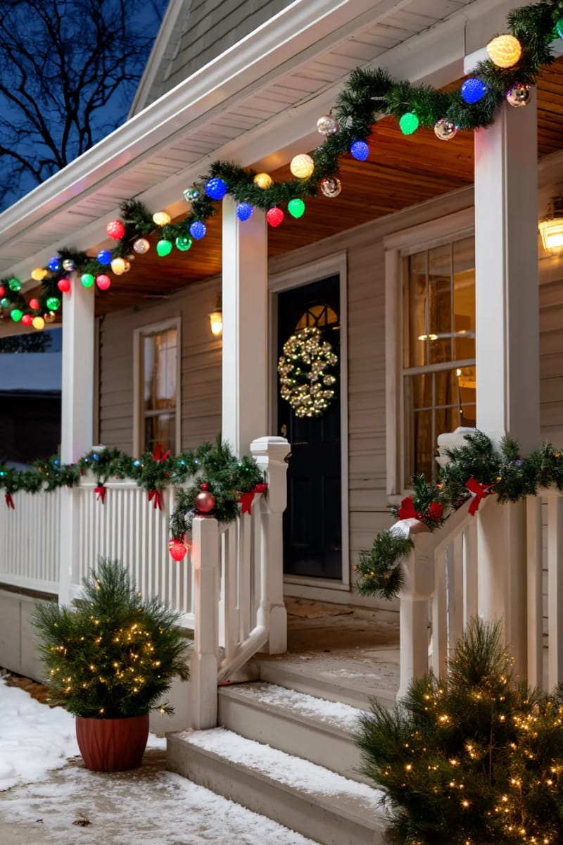 festive multi-color bulbs spiraling up porch columns and bannisters 1