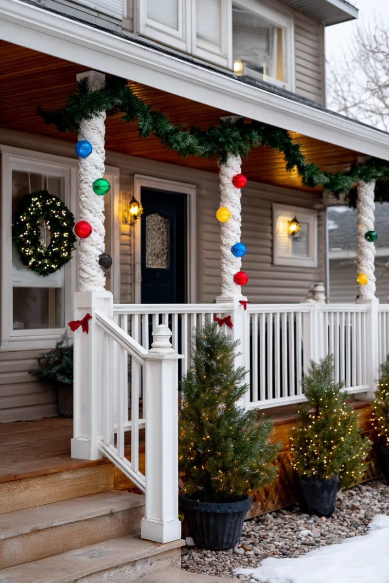 festive multi-color bulbs spiraling up porch columns and bannisters 1