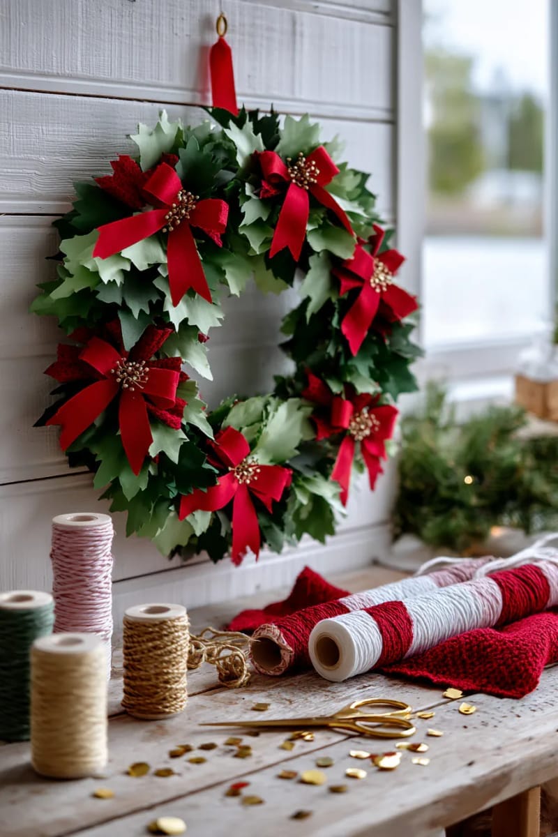 festive red and green cardstock wreath with tiny ribbon bows 1