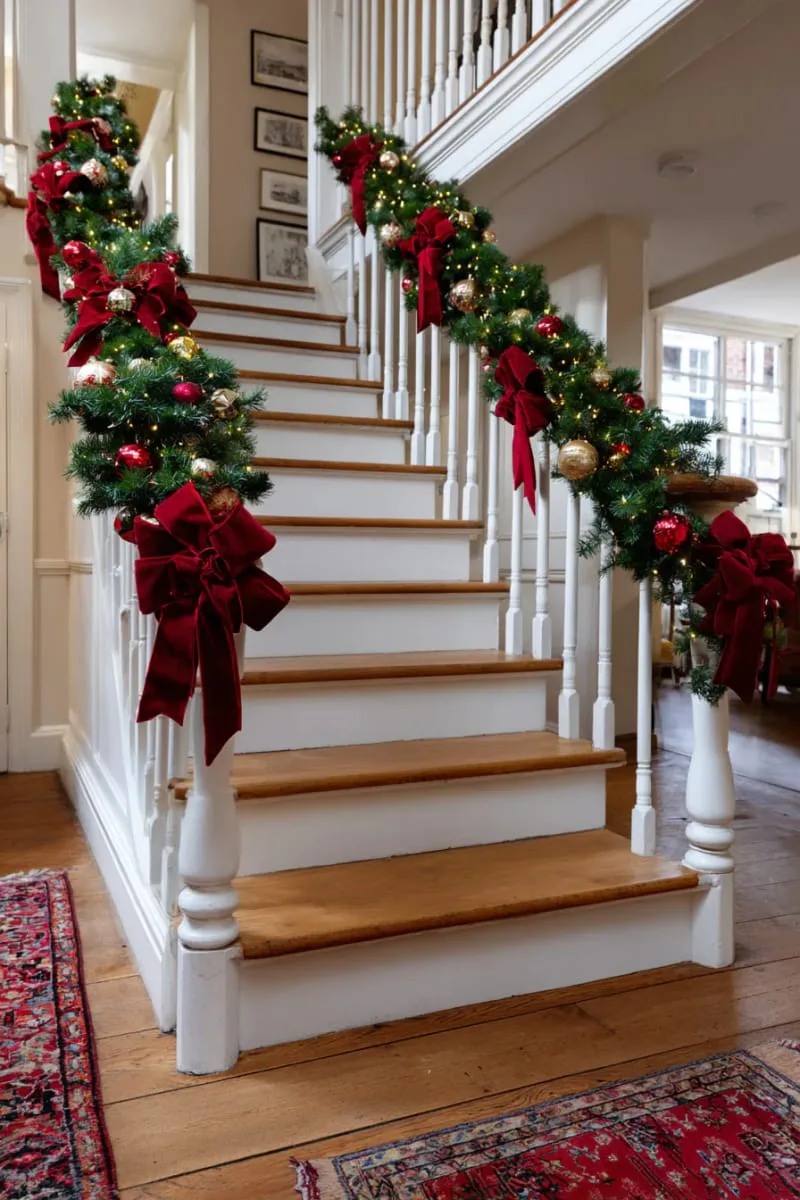 festive staircase wrapped in lush garland and red velvet bows 1