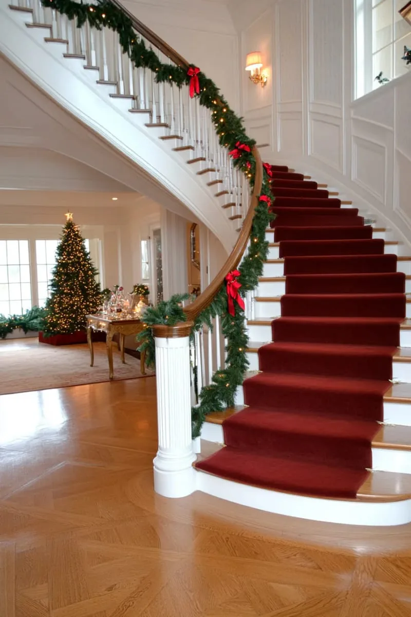 festive staircase wrapped in lush garland and red velvet bows 1