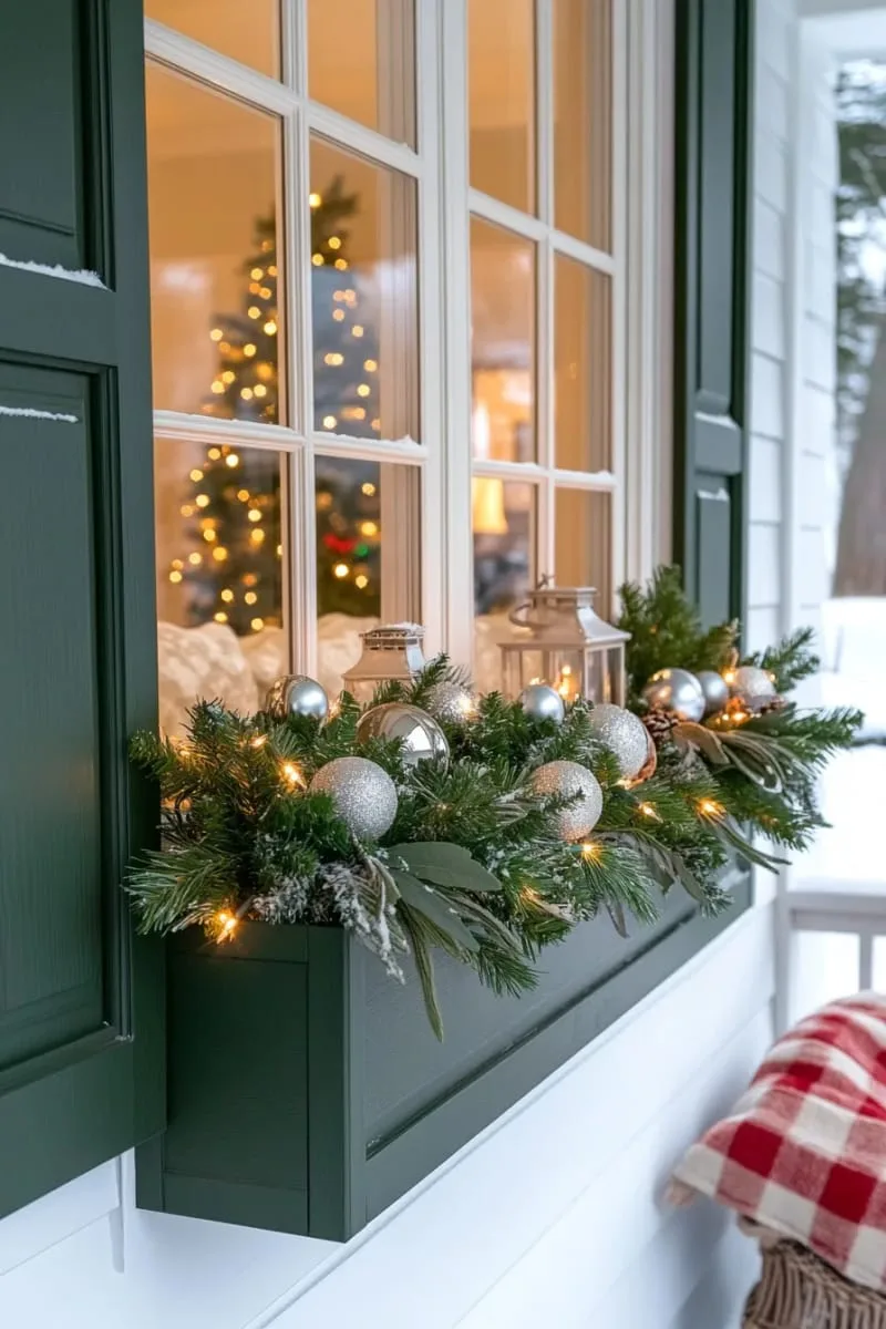 festive window boxes with pine branches and silver ornaments 1