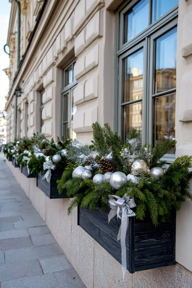 festive window boxes with pine branches and silver ornaments 1