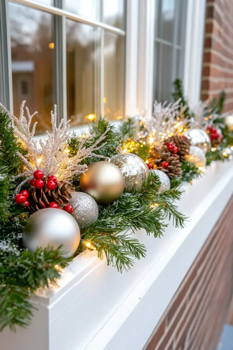 festive window boxes with pine branches and silver ornaments 1