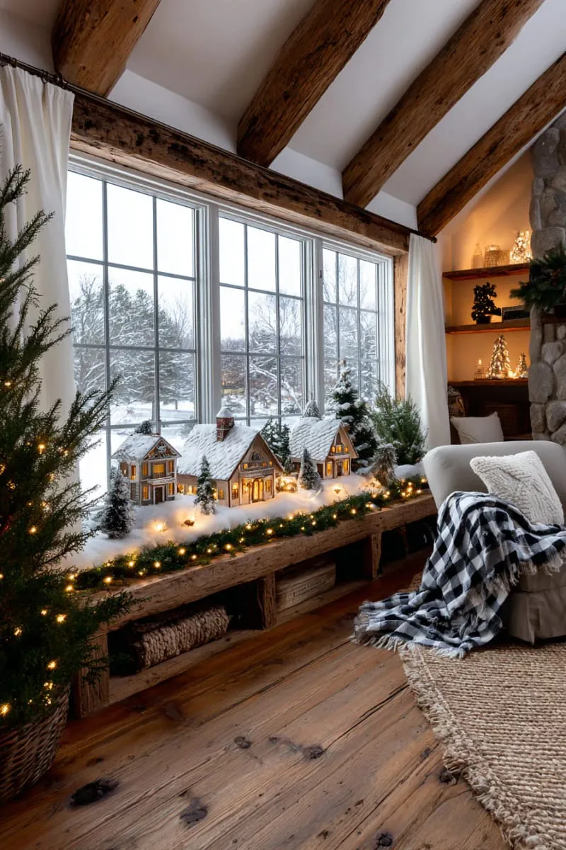festive window sill village scene with glowing tea lights 1