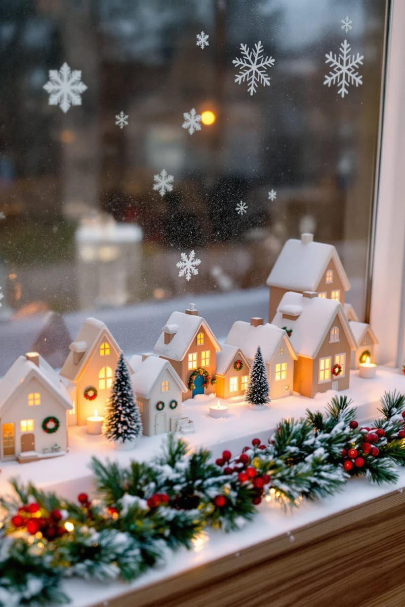 festive window sill village scene with glowing tea lights 1