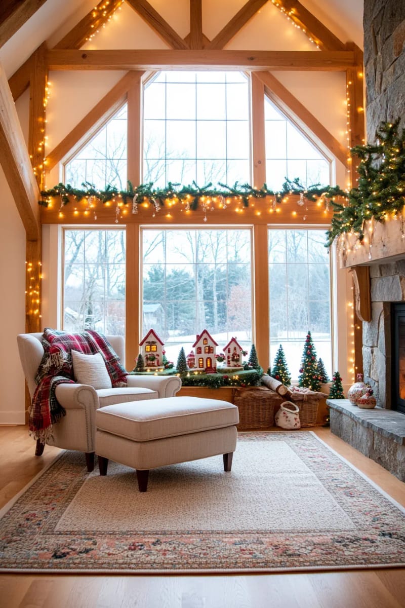 festive window sill village scene with glowing tea lights 1