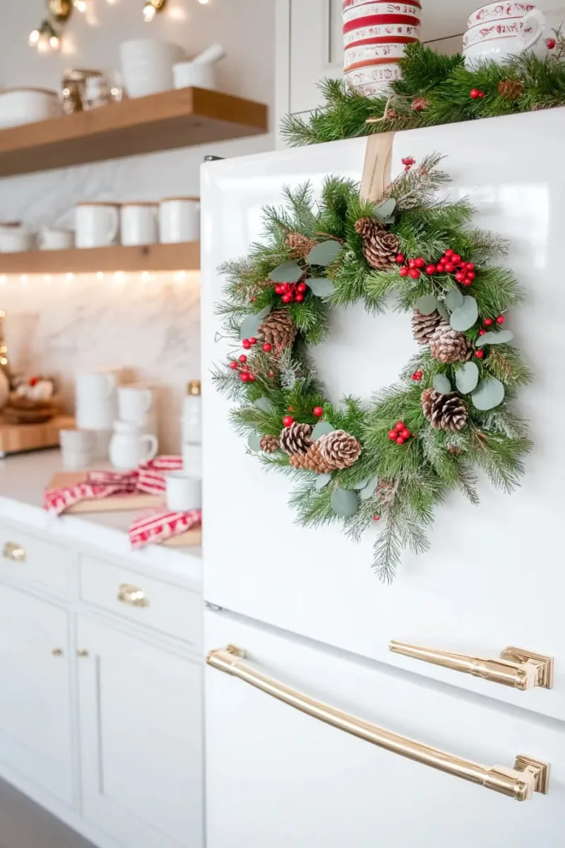 29 Creative Christmas Kitchen Decor Ideas You'll Absolutely Love 24 festive wreath with red berries on the fridge door 1