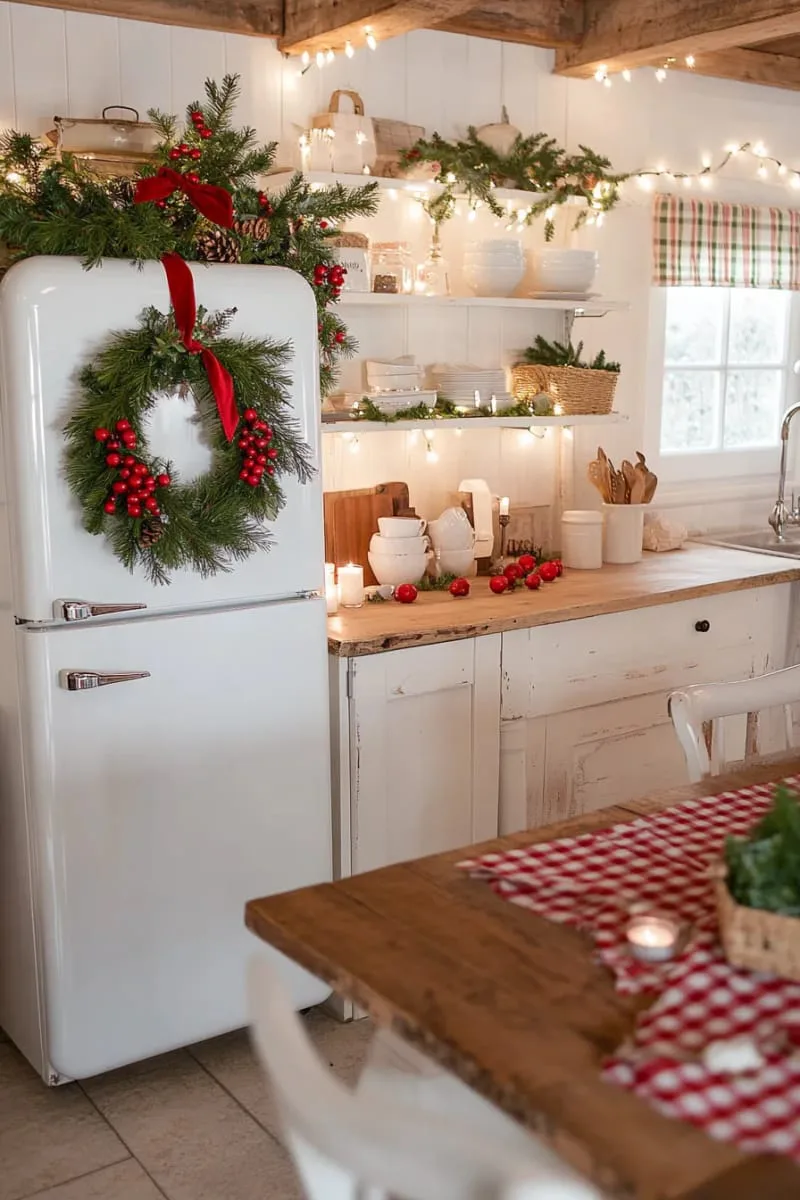 29 Creative Christmas Kitchen Decor Ideas You'll Absolutely Love 25 festive wreath with red berries on the fridge door 1