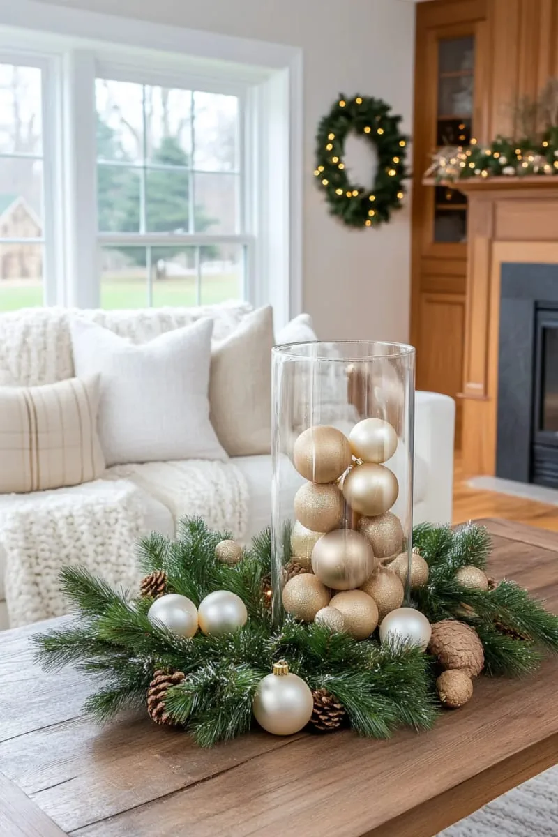 fill a clear vase with neutral-toned ornaments and frosted greenery. 1