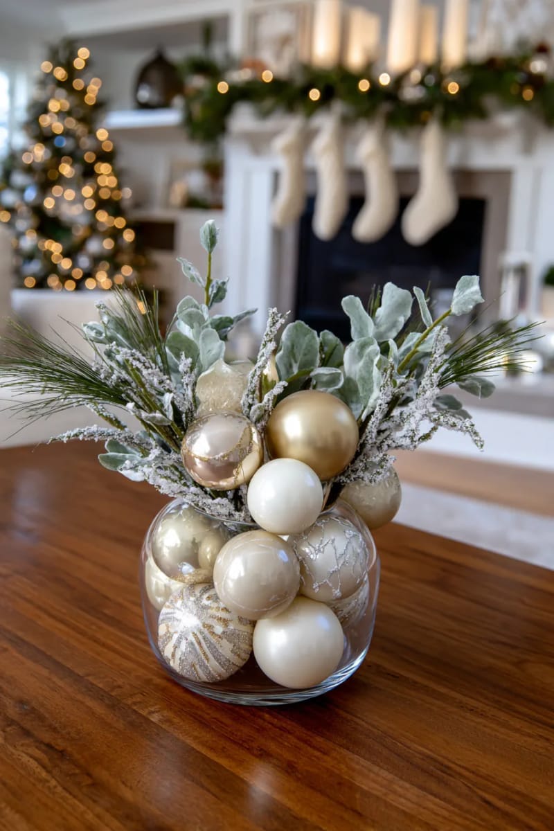 fill a clear vase with neutral-toned ornaments and frosted greenery. 1