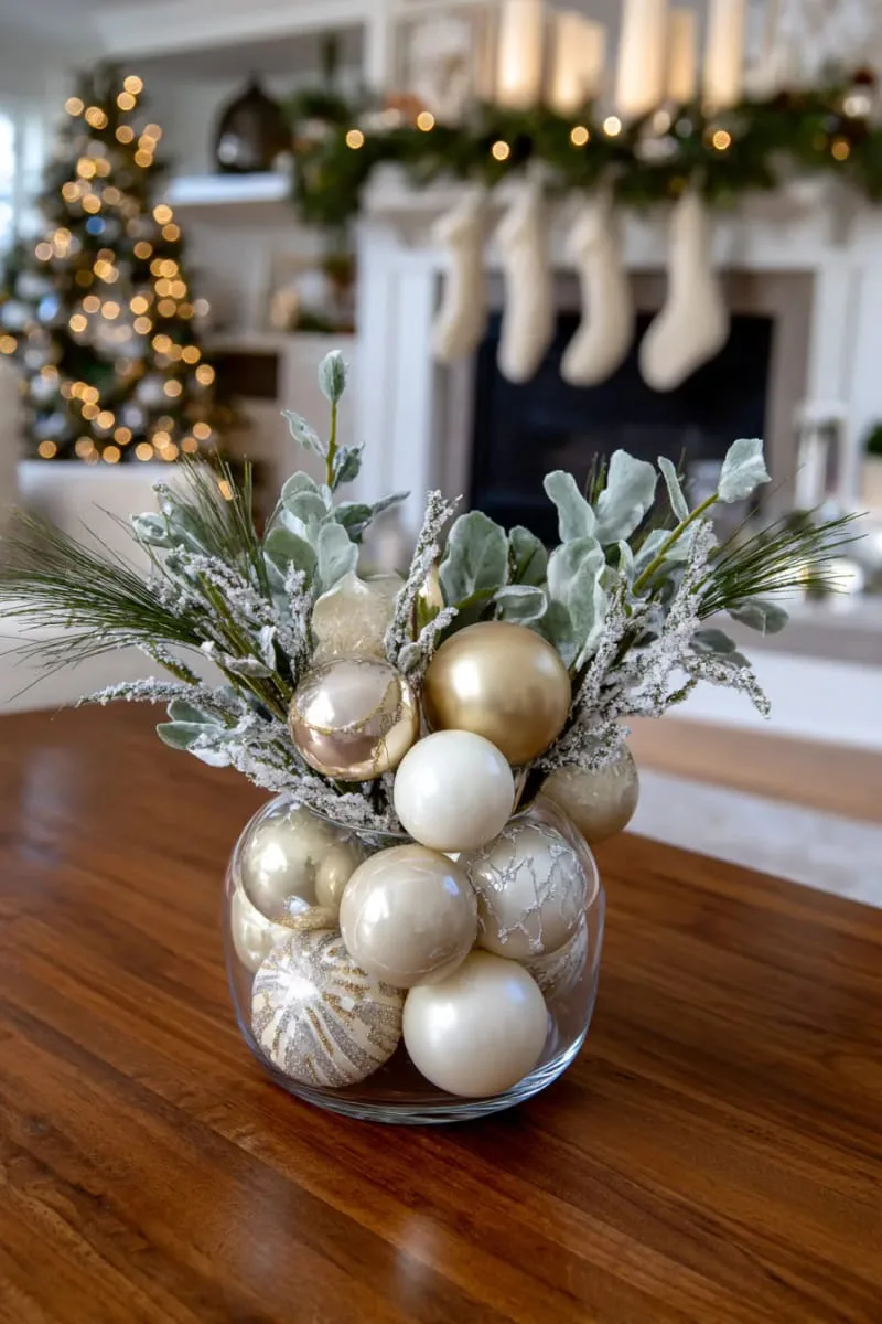 fill a clear vase with neutral-toned ornaments and frosted greenery. 1
