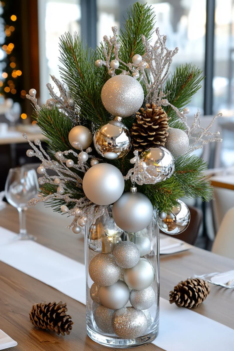 27 Stunning Winter Decor Ideas for a Stylish Retreat 41 fill a clear vase with snow-dusted pine branches and silver ornaments. 1