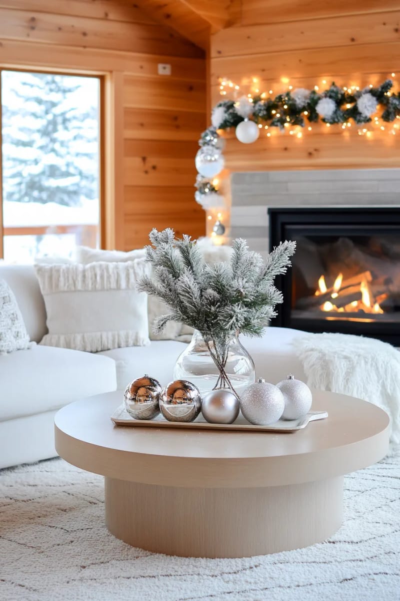 27 Stunning Winter Decor Ideas for a Stylish Retreat 42 fill a clear vase with snow-dusted pine branches and silver ornaments. 1