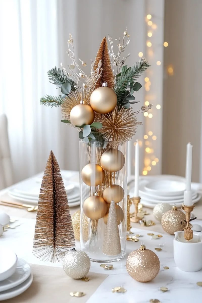 fill a glass vase with shimmering gold bottle brush trees as a centerpiece 1