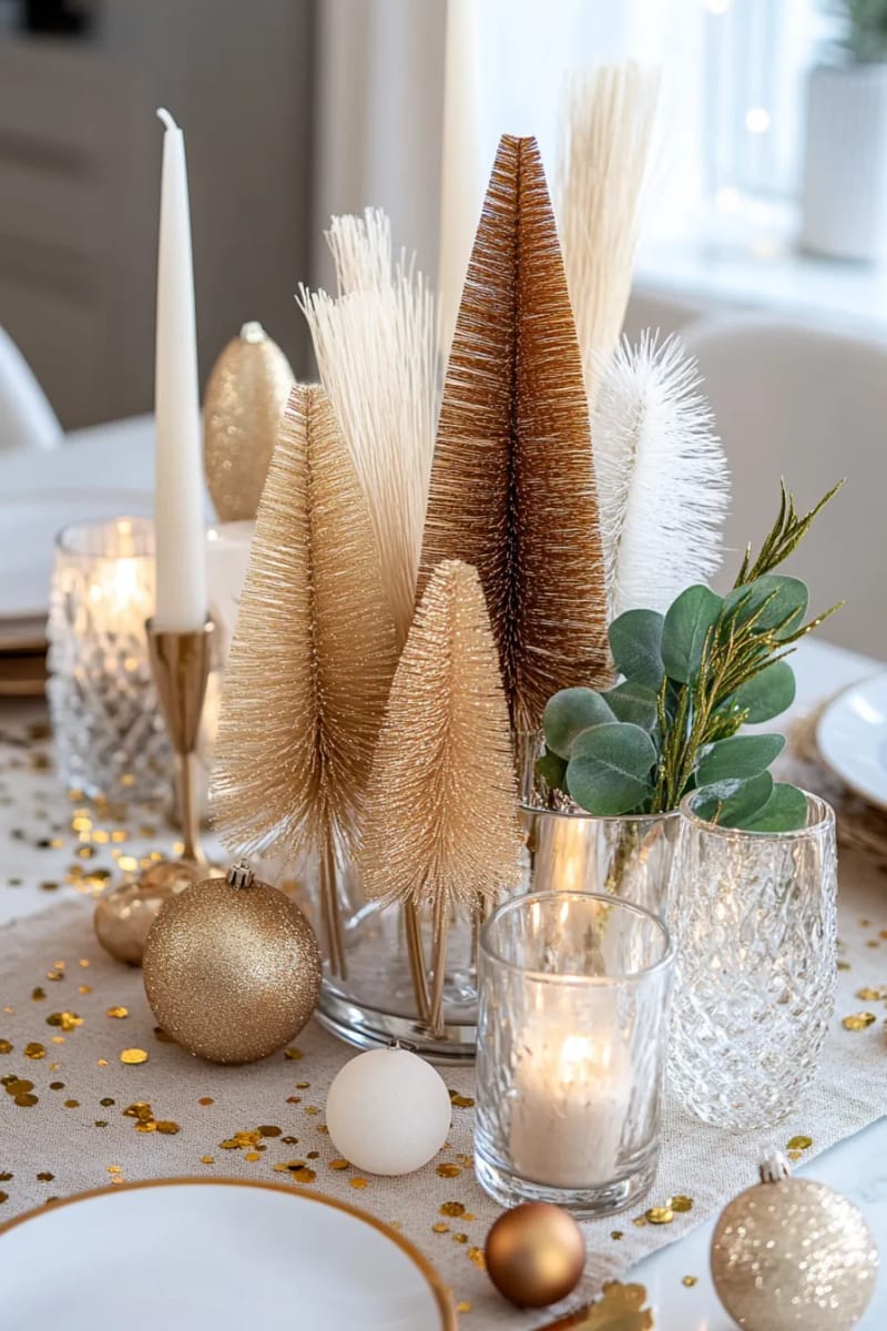 fill a glass vase with shimmering gold bottle brush trees as a centerpiece 1
