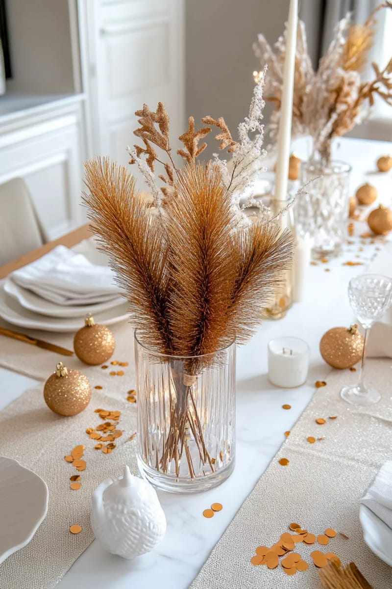 fill a glass vase with shimmering gold bottle brush trees as a centerpiece 1