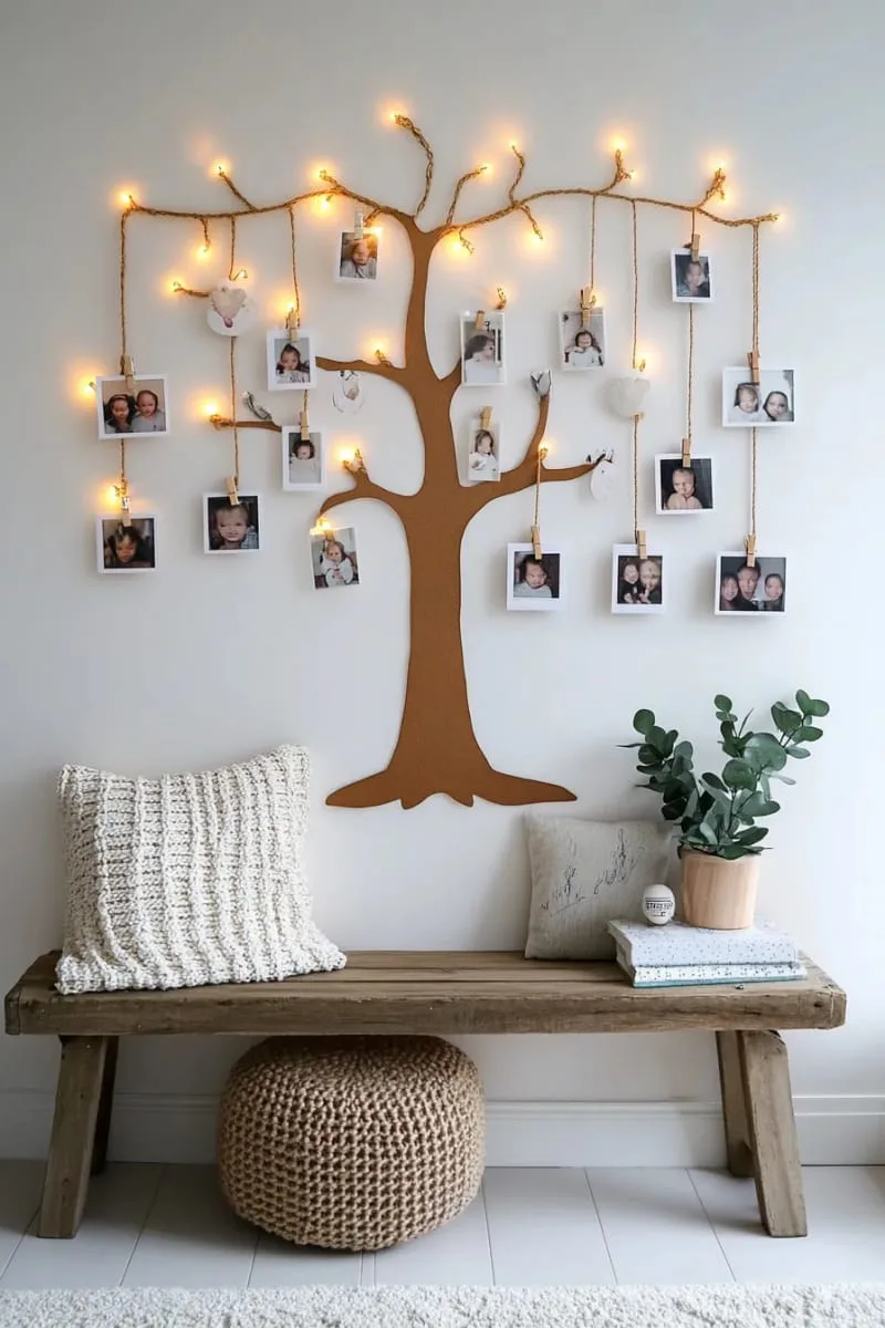 27 Sustainable Christmas Trees For Cheap and Eco-Friendly Decor 29 fill a tree shape with family photos clipped to strings on the wall. 1