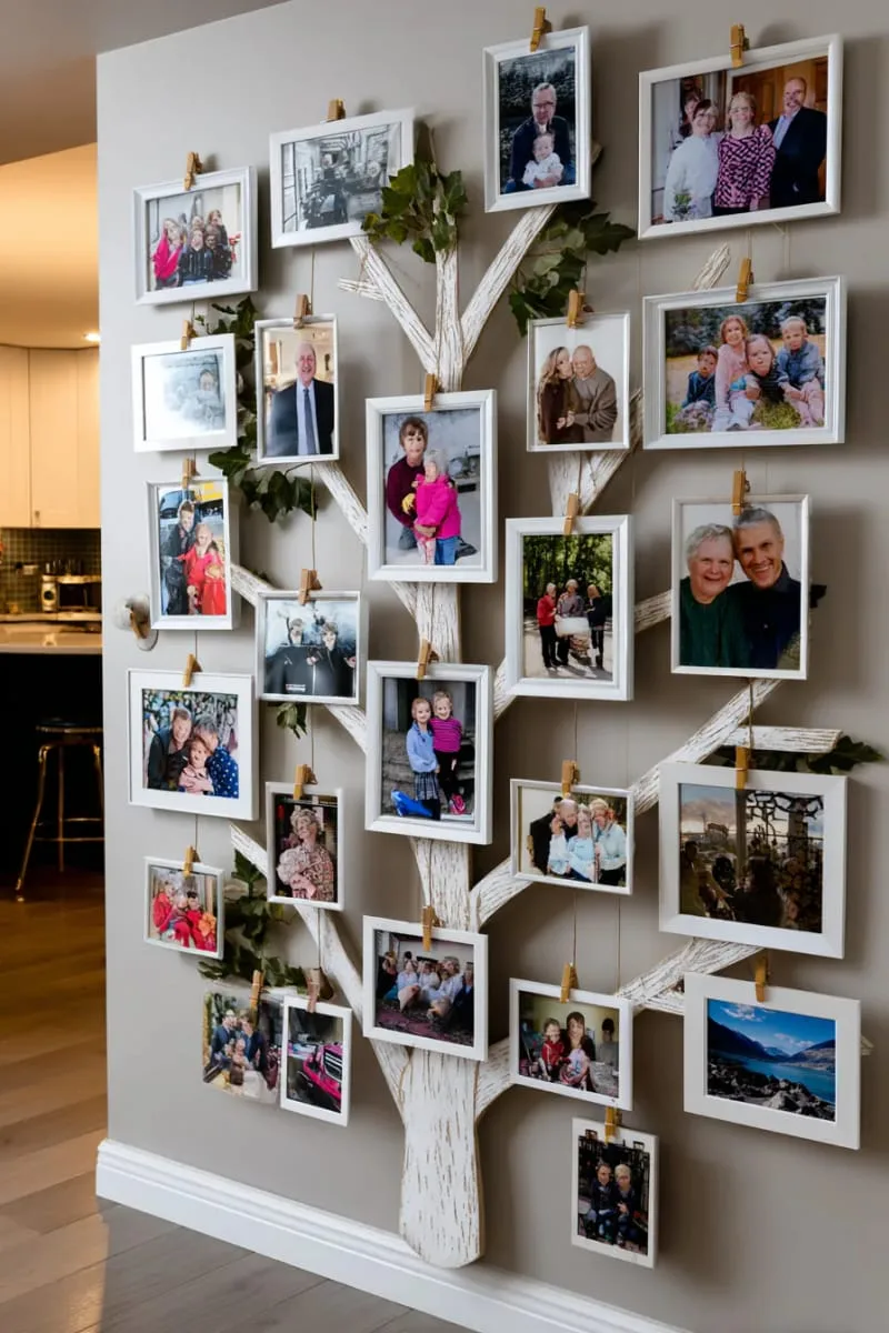 27 Sustainable Christmas Trees For Cheap and Eco-Friendly Decor 30 fill a tree shape with family photos clipped to strings on the wall. 1