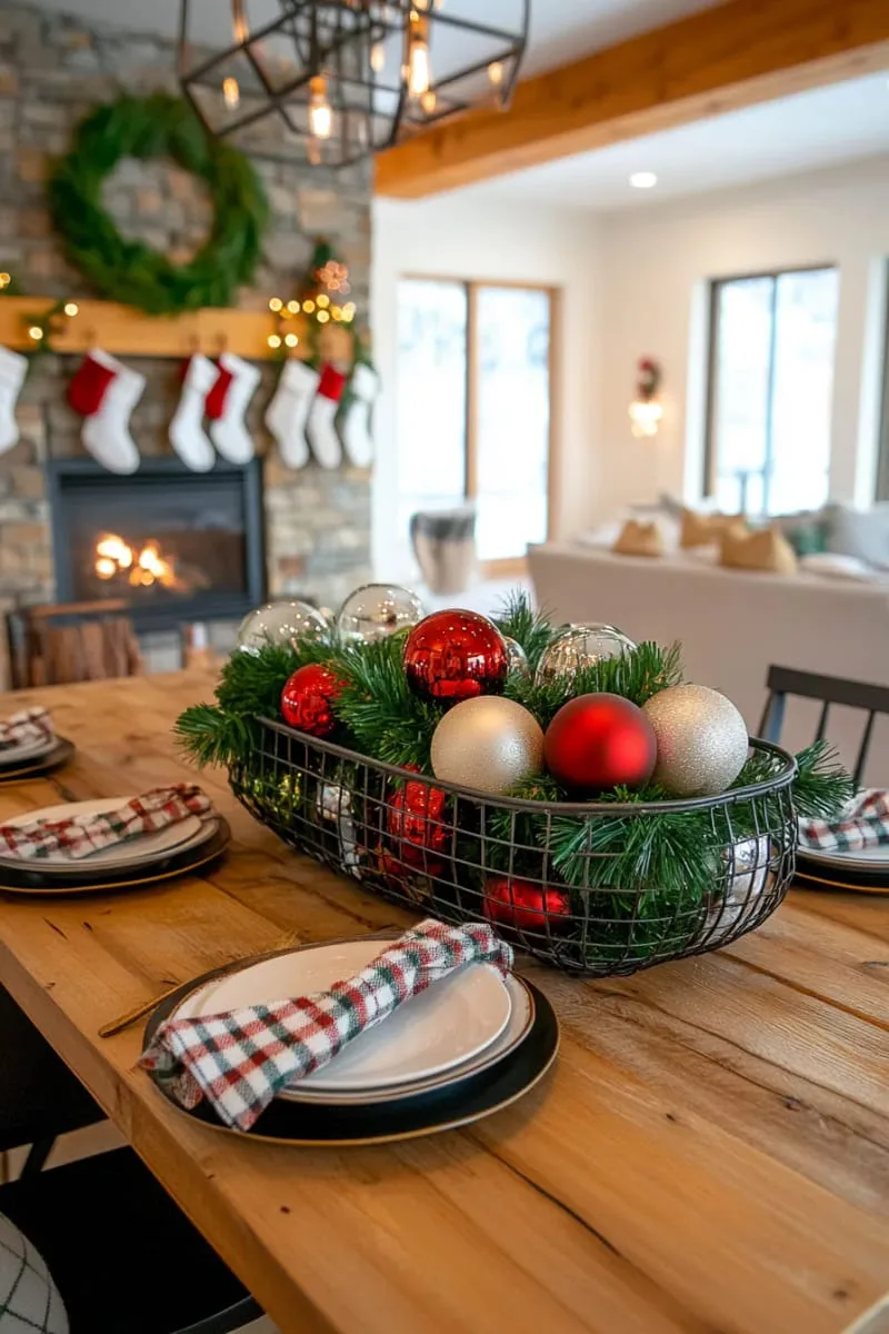 fill a wire basket with colorful ornaments for a rustic holiday centerpiece. 1