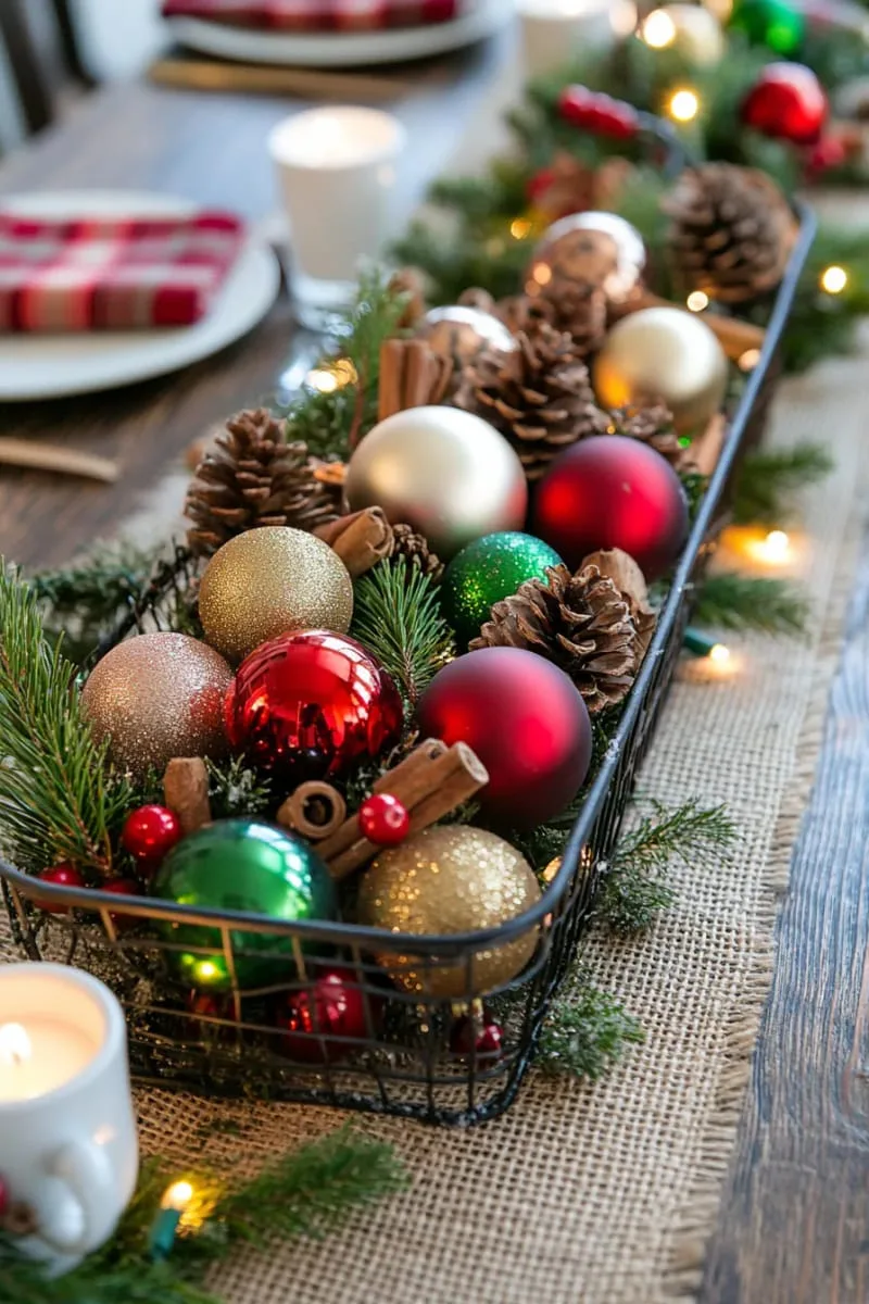fill a wire basket with colorful ornaments for a rustic holiday centerpiece. 1