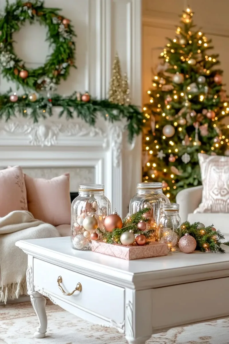 fill apothecary jars with mixed ornaments and fairy lights for a glowing accent. 1