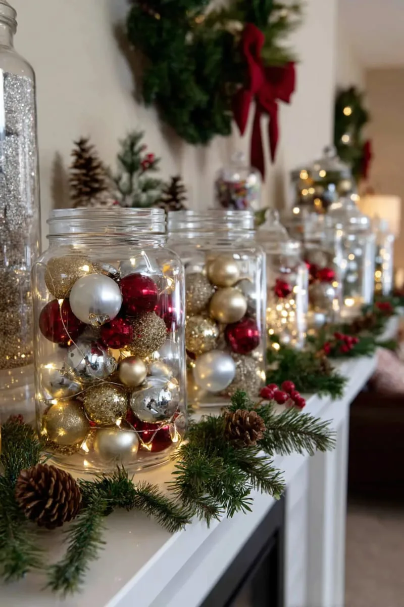 fill apothecary jars with mixed ornaments and fairy lights for a glowing accent. 1