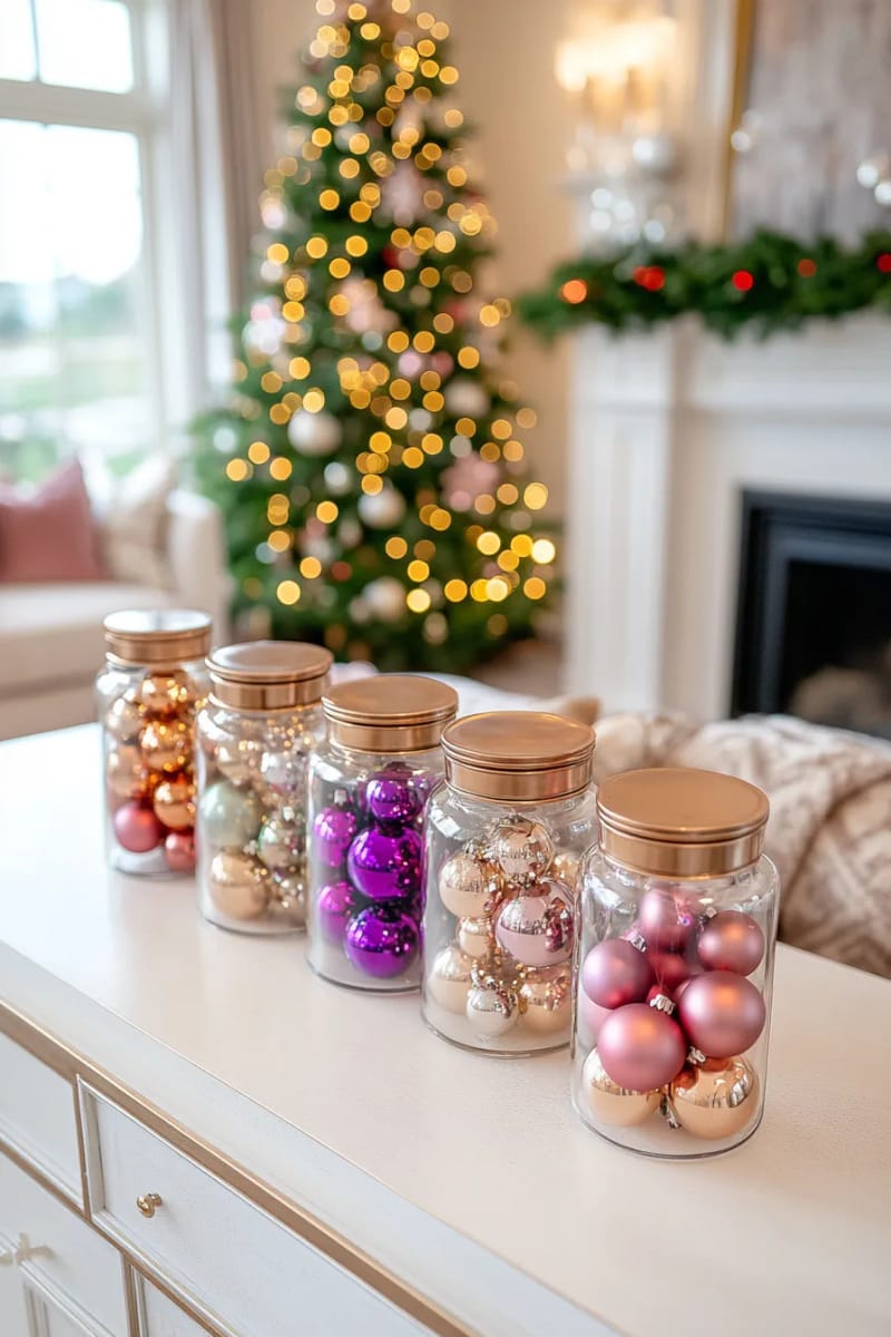 fill apothecary jars with mixed ornaments and fairy lights for a glowing accent. 1