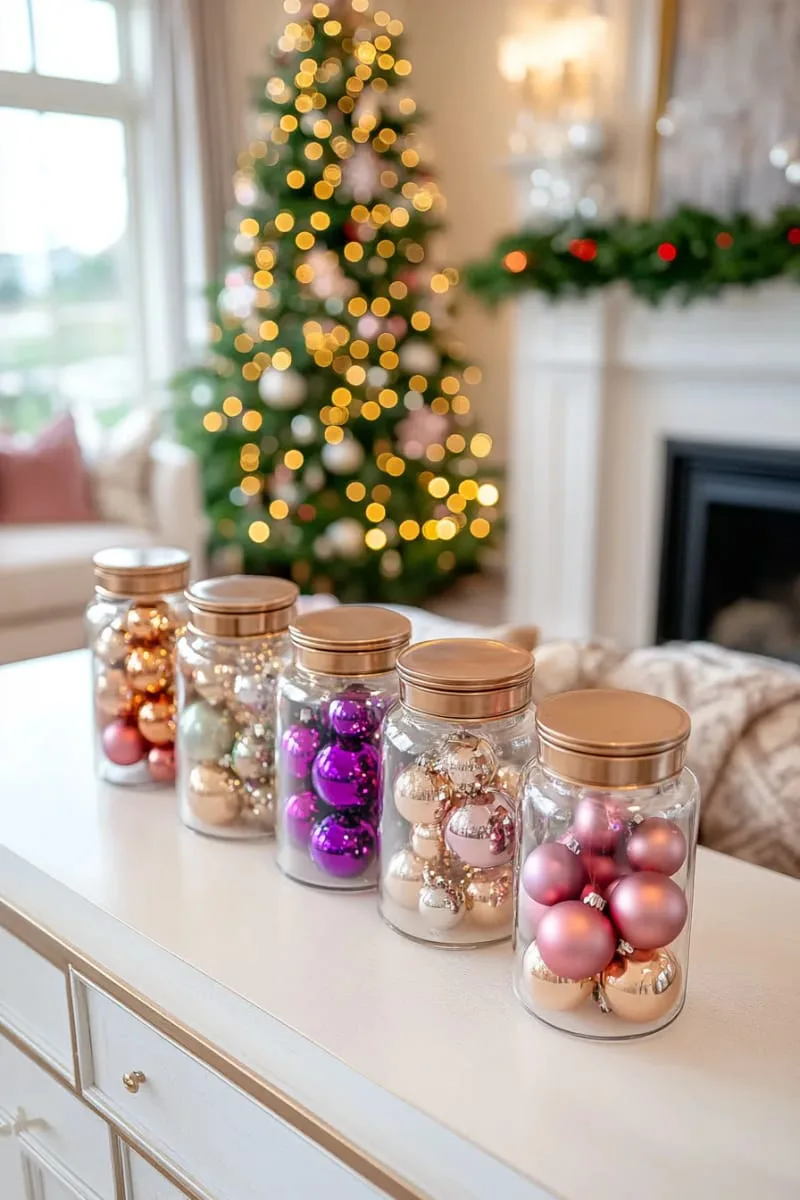fill apothecary jars with mixed ornaments and fairy lights for a glowing accent. 1
