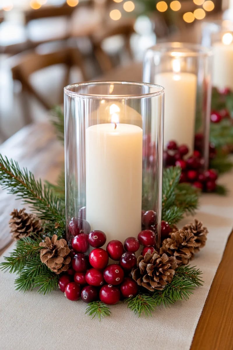 fill clear glass hurricanes with red cranberries and white pillar candles 1