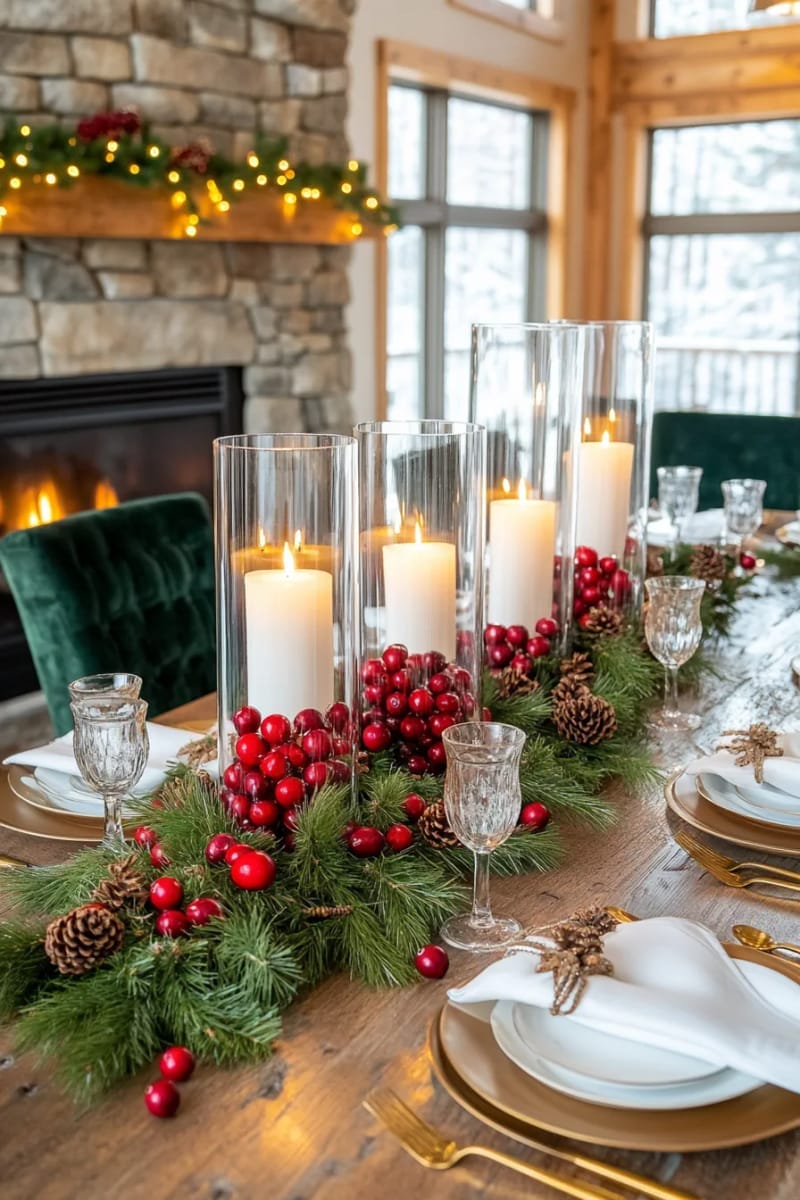 fill clear glass hurricanes with red cranberries and white pillar candles 1