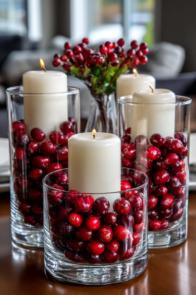 fill clear glass hurricanes with red cranberries and white pillar candles 1