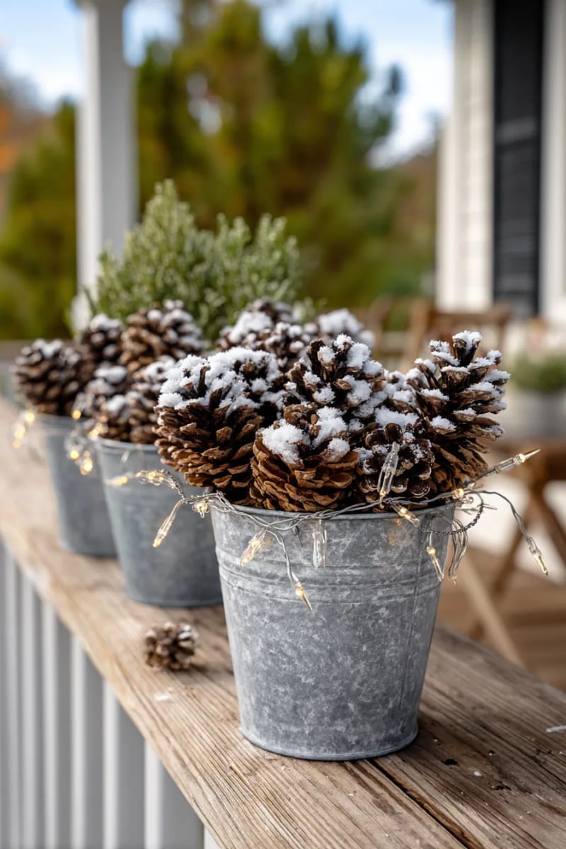 27 Country Christmas Decor Ideas That Wow 6 fill galvanized buckets with snow-frosted pinecones and fairy lights. 1
