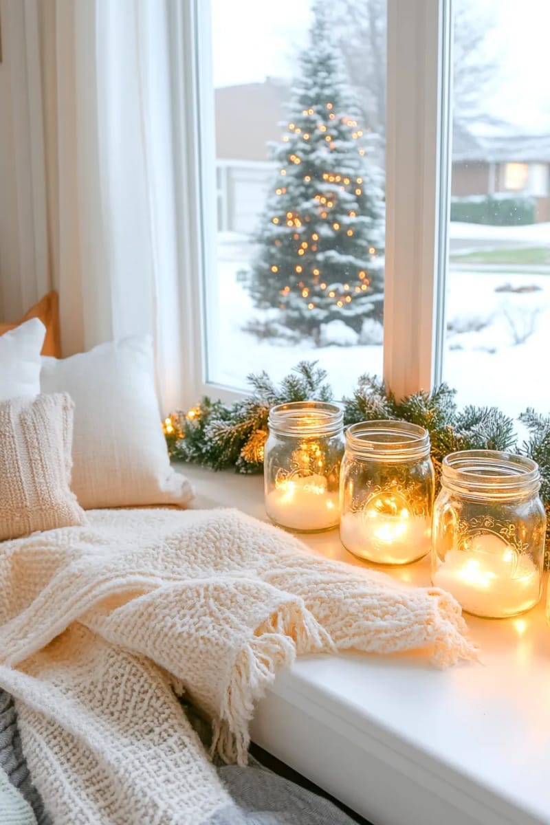 27 Stunning Winter Decor Ideas for a Stylish Retreat 15 fill mason jars with fairy lights and faux snow for magical winter window decor. 1