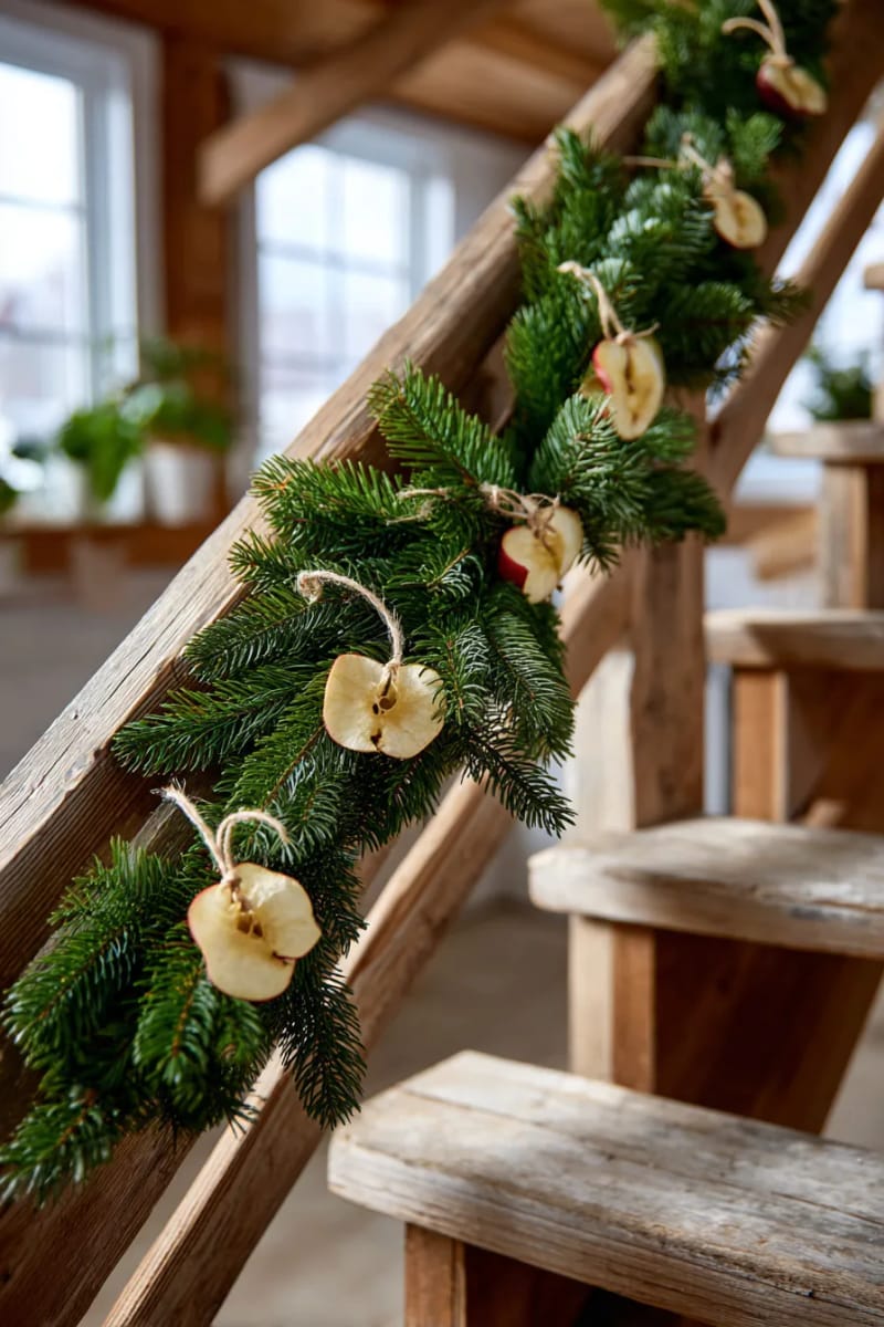 29 Inspiring Natural Christmas Decor Ideas for Modern Homes 71 fir branch garland with dried apple slices for a farmhouse stairway 1