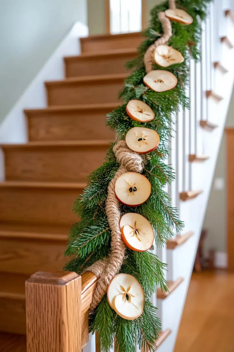 fir branch garland with dried apple slices for a farmhouse stairway 1