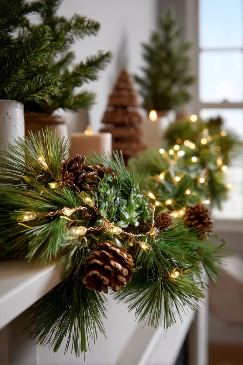 firefly string lights weaved through natural pine garlands 1