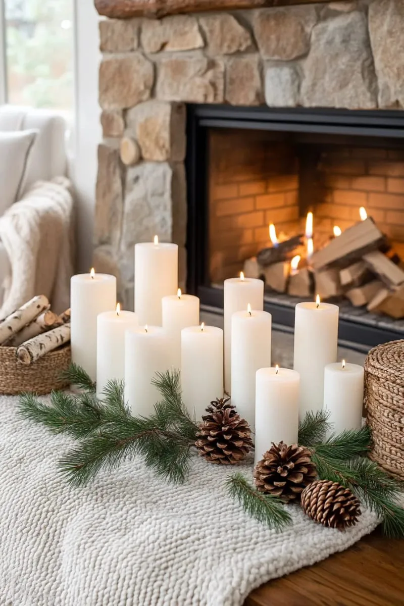 fireplace filled with pillar candles and scattered pine branches 1