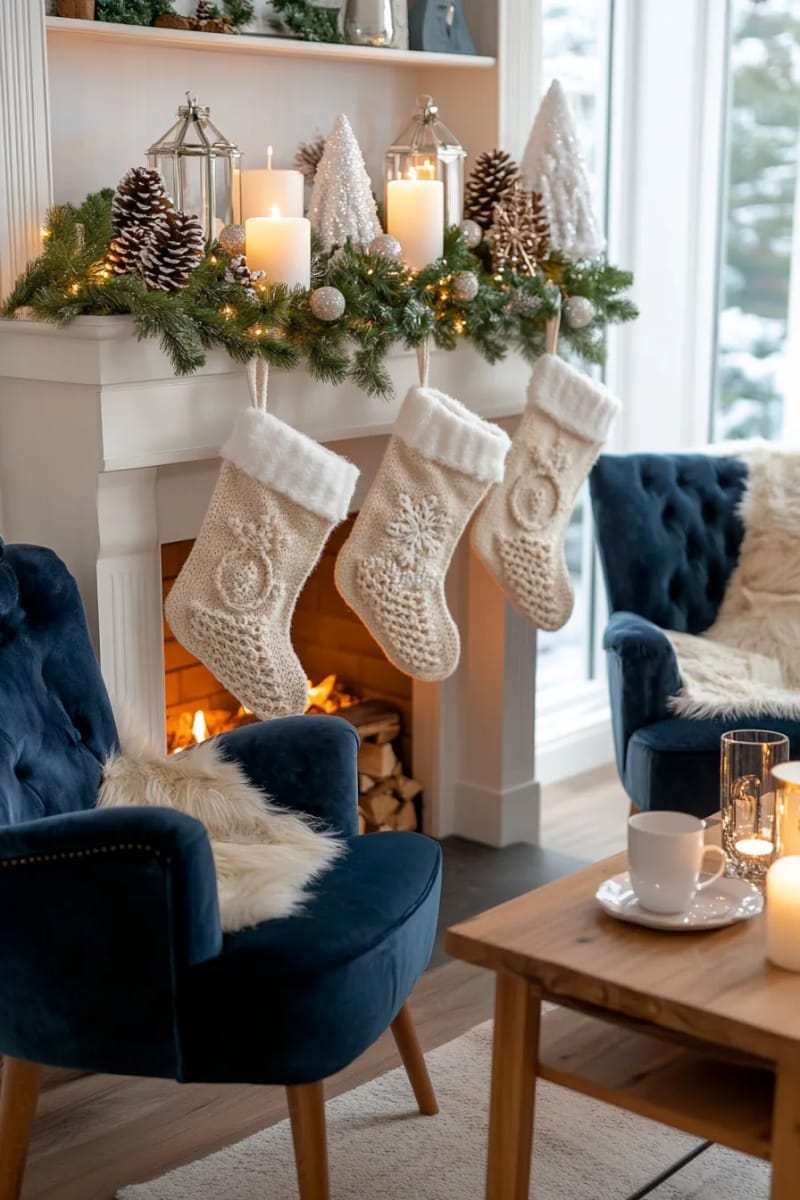 fireplace with frosted garland, pinecones, and matching stockings 1