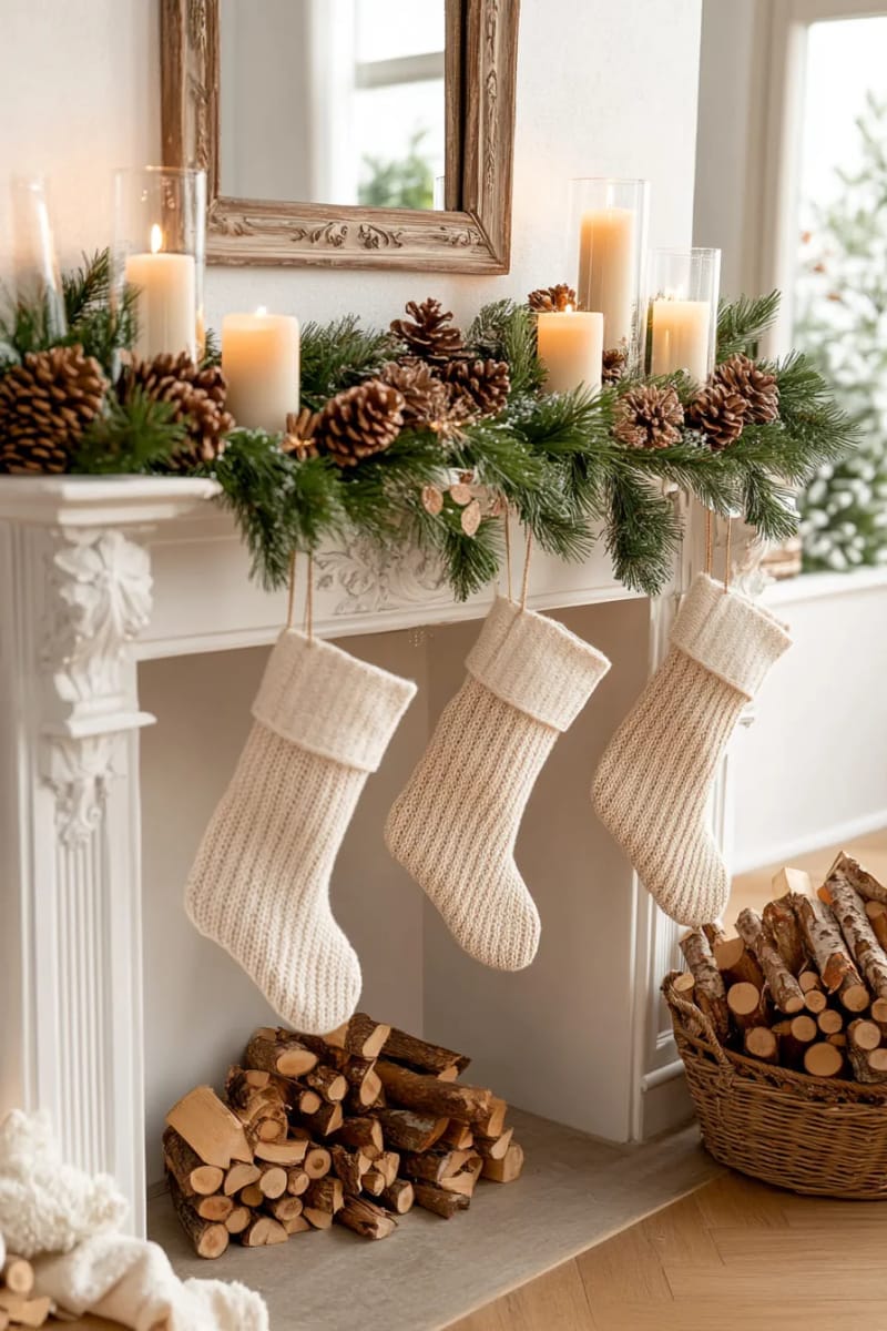 fireplace with frosted garland, pinecones, and matching stockings 1
