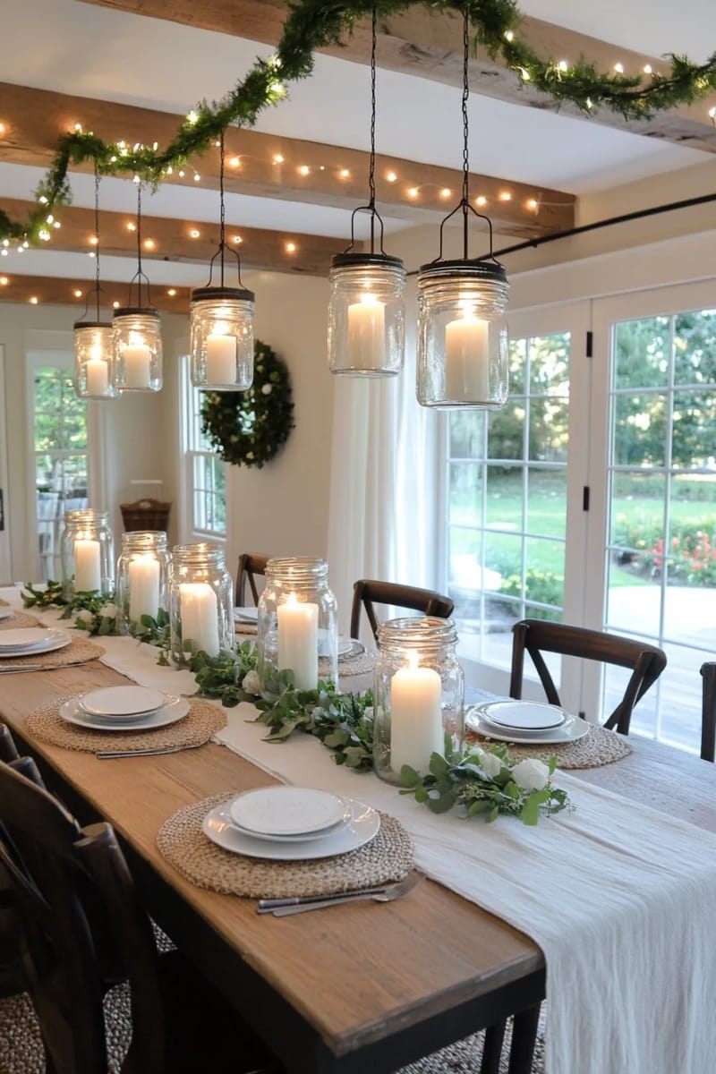 floating candle jars suspended from ceiling beams for magical ambiance 1